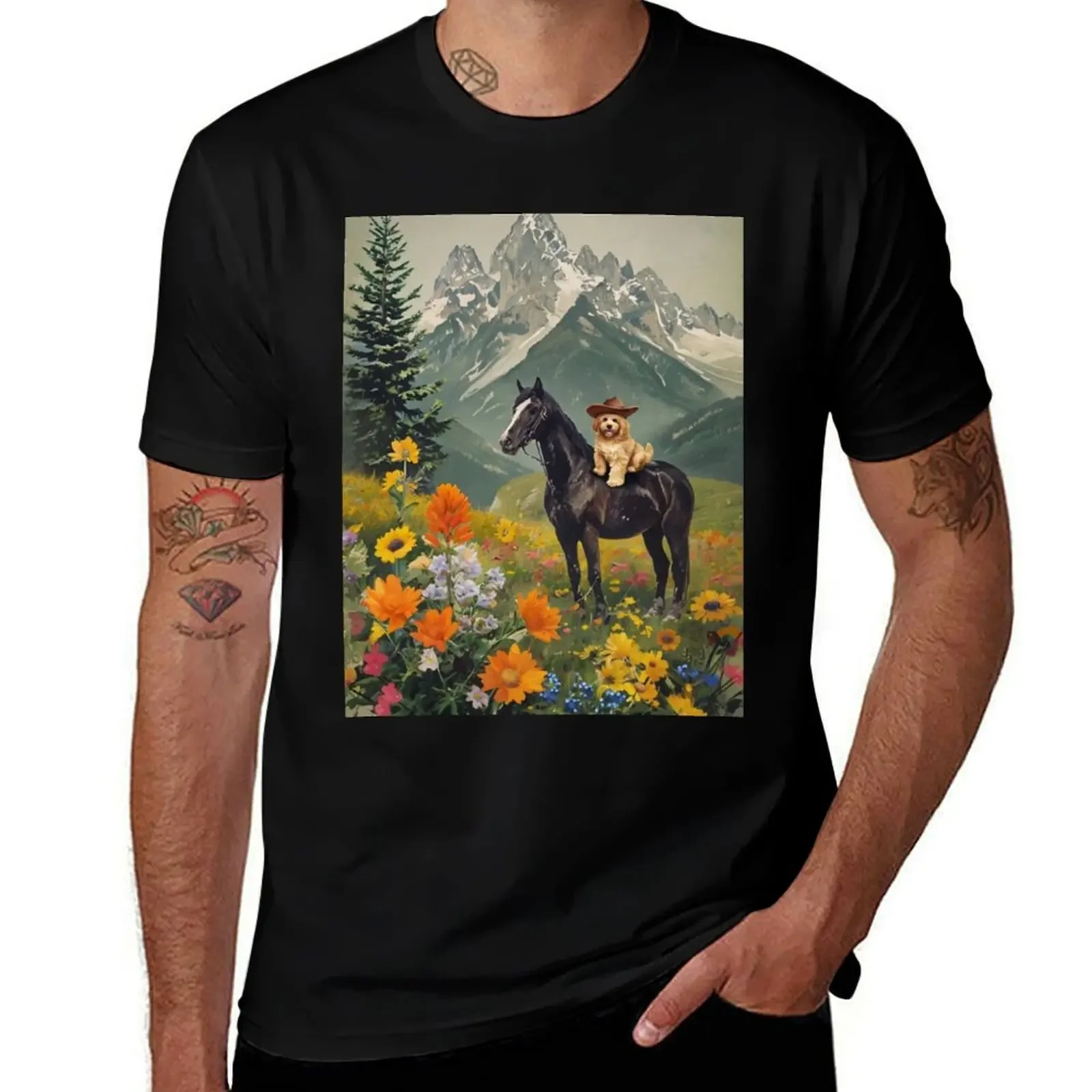 Golden Cockapoo Cowboy on Black Stallion in Wildflower Valley T-Shirt luxury designer man t shirt Men's t-shirt
Golden Cockapoo Cowboy on Black Stallion in Wildflower Valley T-Shirt luxury designer man t shirt Men's t-shirt