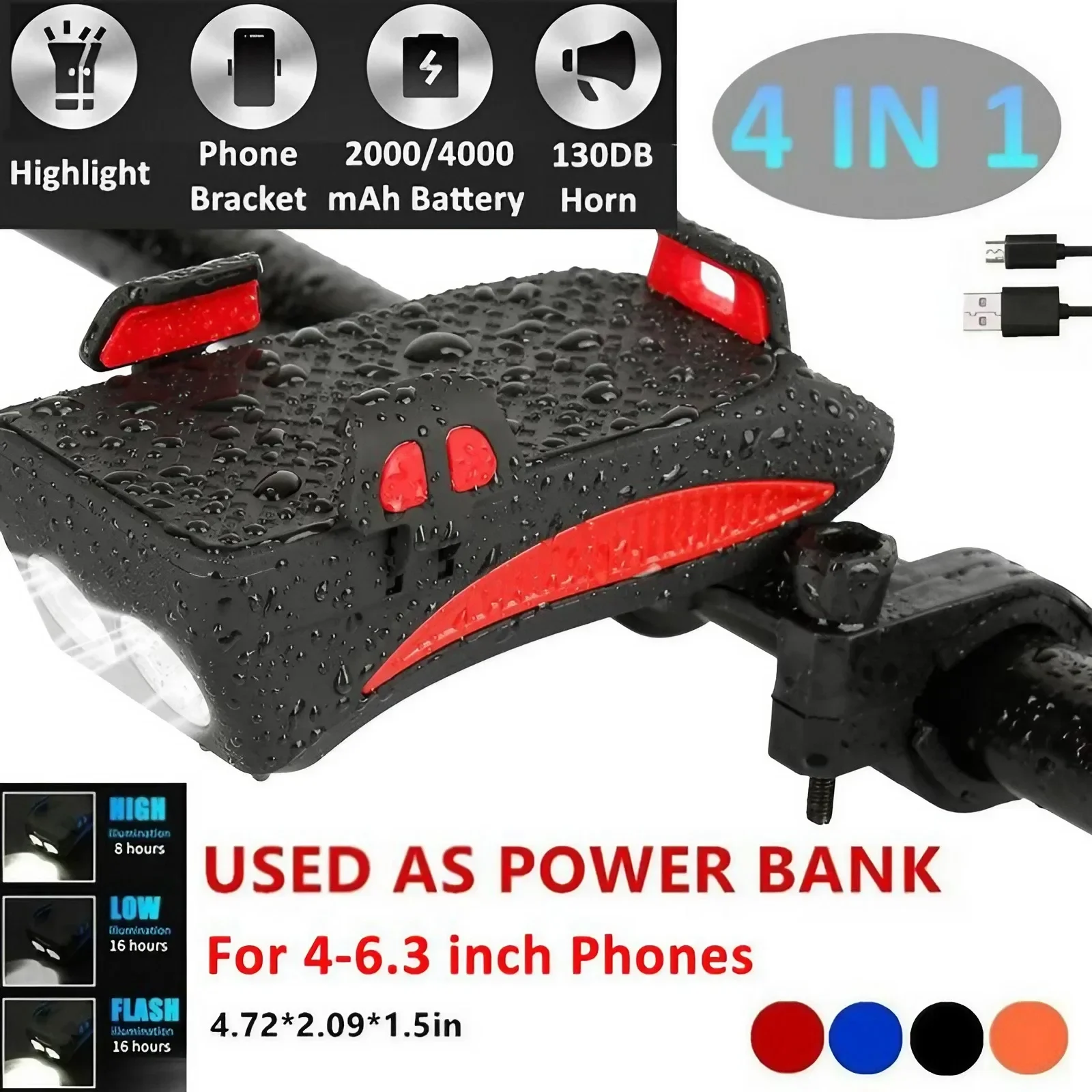 4-in-1 Bike Light, Rechargeable 2000mAh Bicycle Light with Horn, Cycling Head Lamp, Phone Holder & Power Bank Function
4-in-1 Bike Light, Rechargeable 2000mAh Bicycle Light with Horn, Cycling Head Lamp, Phone Holder & Power Bank Function