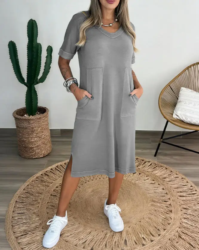Women's Dress Summer New Daily Casual Style Solid Color V-Neck Loose Large Pocket Design Short Sleeved Straight Tube Dress
Women's Dress Summer New Daily Casual Style Solid Color V-Neck Loose Large Pocket Design Short Sleeved Straight Tube Dress