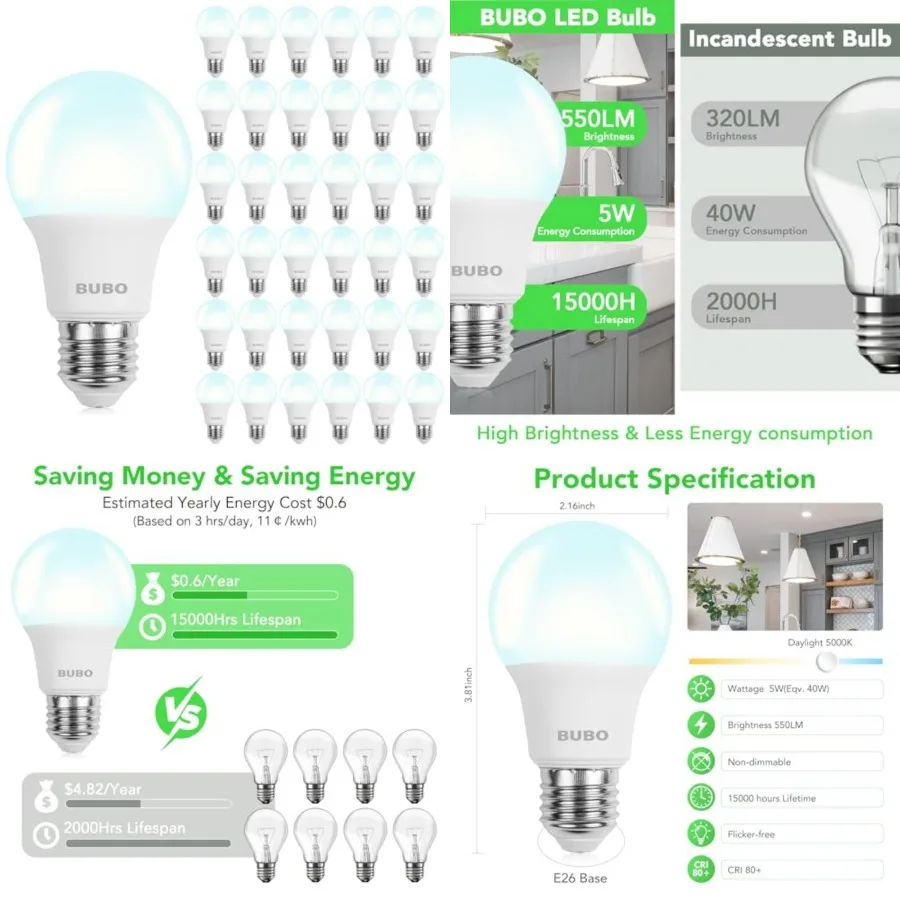 A19 LED Light Bulbs, 40 Watt Equivalent LED Bulbs, 5000K, 550 Lumens, E26 Standard Base, Non-Dimmable, 5W LED Bulbs for Bedroom
A19 LED Light Bulbs, 40 Watt Equivalent LED Bulbs, 5000K, 550 Lumens, E26 Standard Base, Non-Dimmable, 5W LED Bulbs for Bedroom