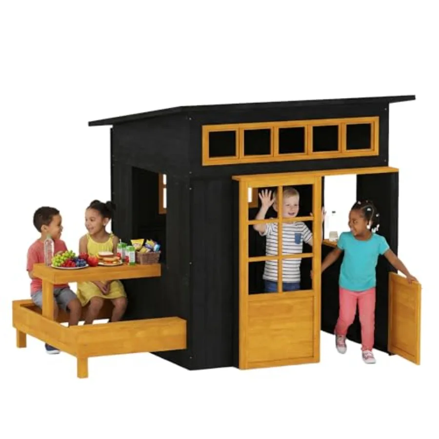 Outdoor playhouse for kids aged 3-8, made of fir wood, natural color, includes picnic table, benches, chalkboards, half door an
Outdoor playhouse for kids aged 3-8, made of fir wood, natural color, includes picnic table, benches, chalkboards, half door an