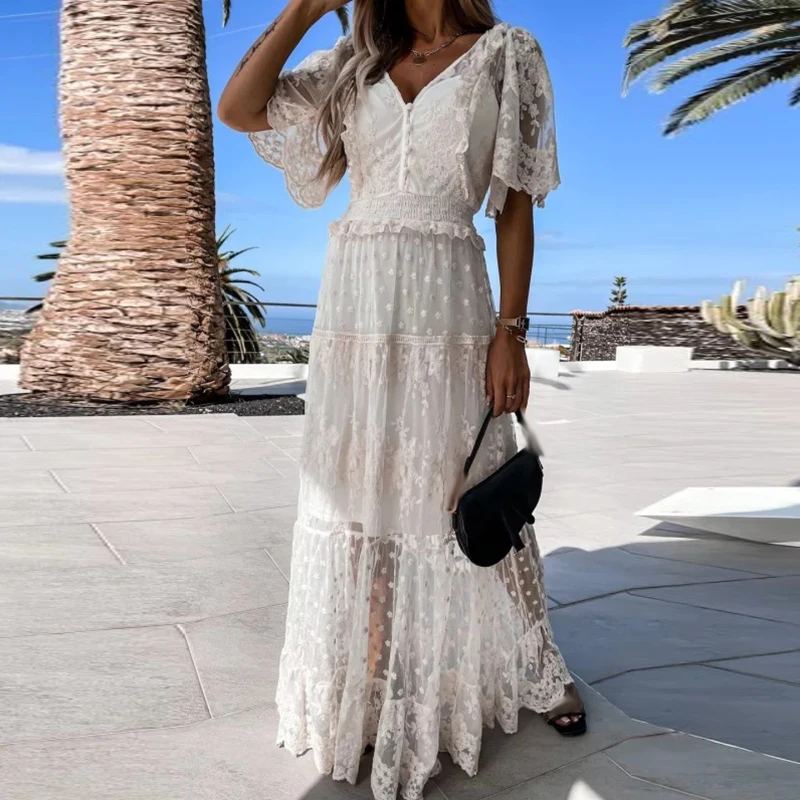 Elegant Solid Mesh Party Dress for Women Lace Embroidery High Waist Long Dress Summer Sexy V-neck Patchwork Short Sleeved Dress
Elegant Solid Mesh Party Dress for Women Lace Embroidery High Waist Long Dress Summer Sexy V-neck Patchwork Short Sleeved Dress