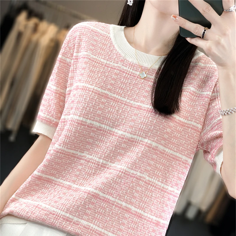 Cotton knitted short sleeved women's round neck color blocking summer new knitted T-shirt, all cotton breathable half sleeved
Cotton knitted short sleeved women's round neck color blocking summer new knitted T-shirt, all cotton breathable half sleeved