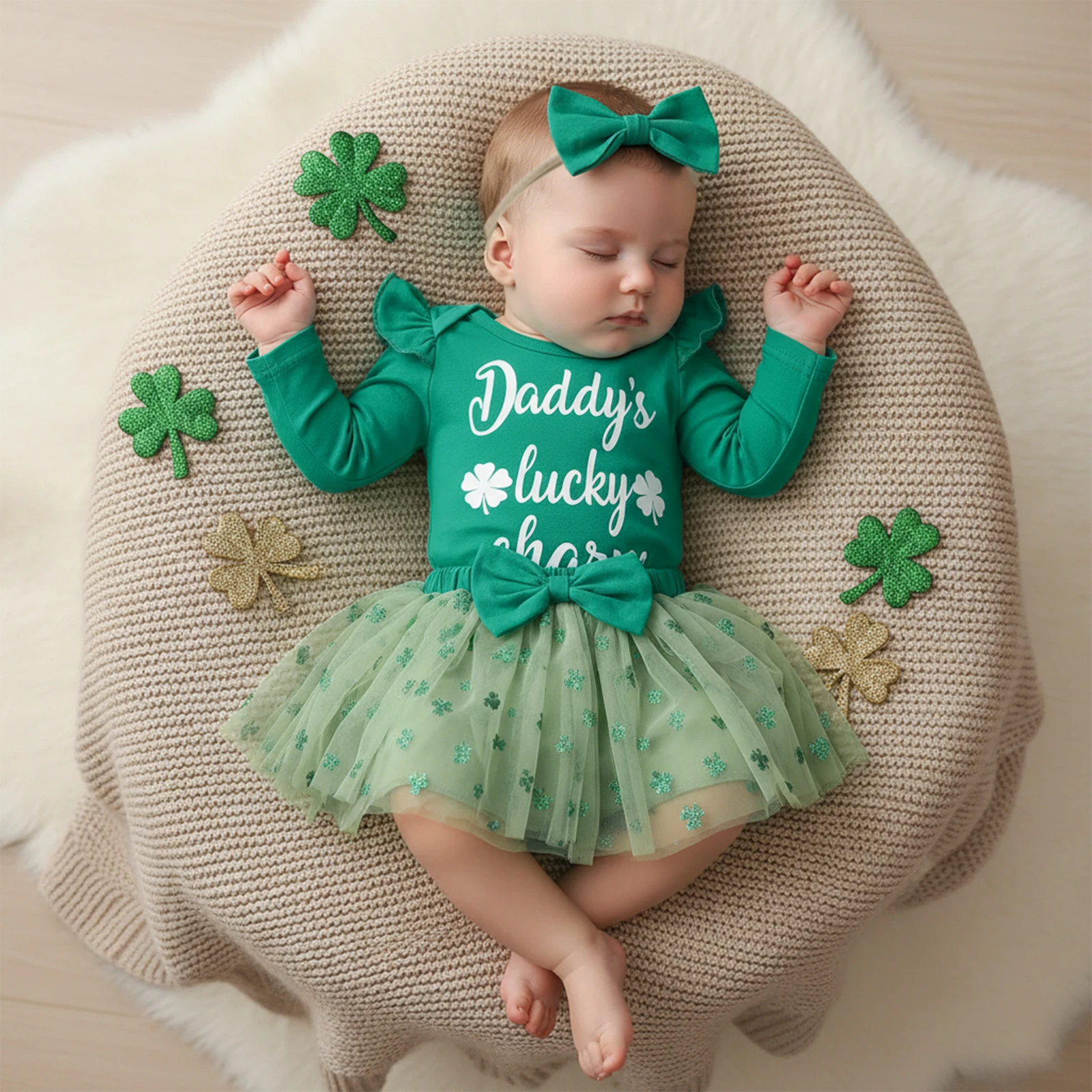 Newborn Baby Girl Irish Outfit Letter Shamrock Print Long Sleeve Romper Tulle Skirt and Bow Headband 3 Piece Spring Set
Newborn Baby Girl Irish Outfit Letter Shamrock Print Long Sleeve Romper Tulle Skirt and Bow Headband 3 Piece Spring Set