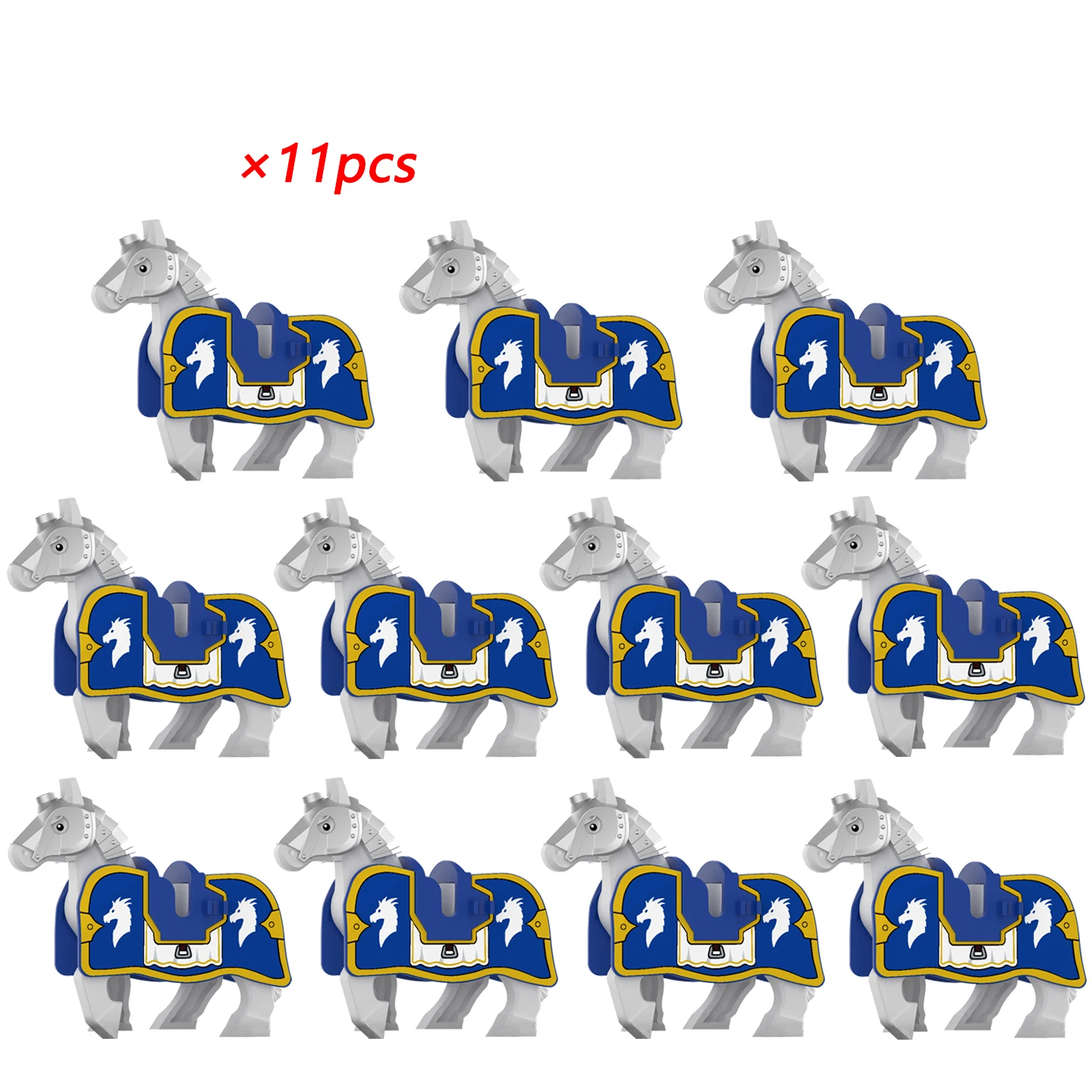 11pcs Medieval Horses Grey Bodies Blue Saddle Blankets w/ White Horse Emblems Yellow Trims Building Block
11pcs Medieval Horses Grey Bodies Blue Saddle Blankets w/ White Horse Emblems Yellow Trims Building Block