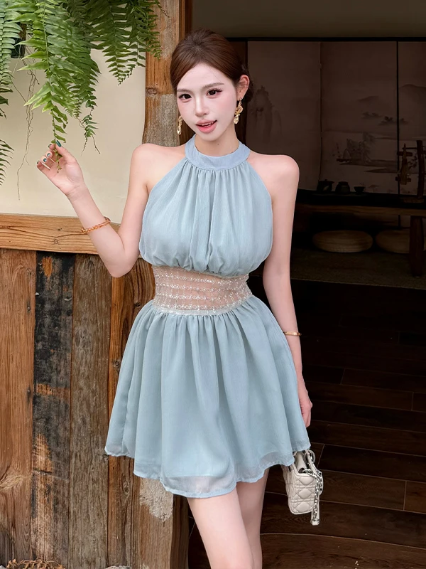 Elegant Pure Desire Neck Hanging Waist Cinching Mesh Dress Women's Slim Fit Short Puffy Skirt Style Summer Dress
Elegant Pure Desire Neck Hanging Waist Cinching Mesh Dress Women's Slim Fit Short Puffy Skirt Style Summer Dress