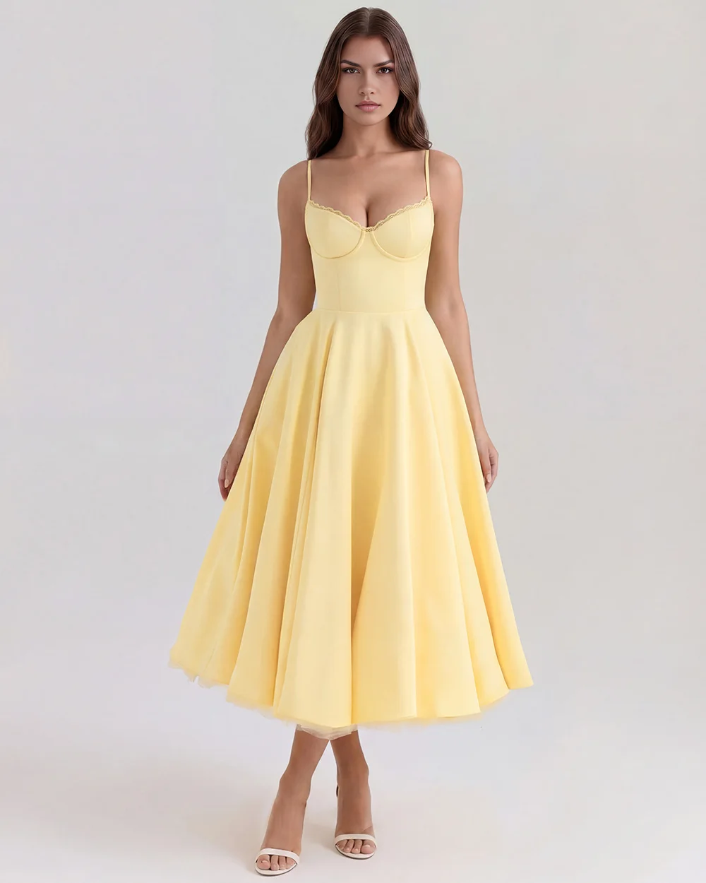Sexy Yellow Satin Corset Style Sling Midi Dress Women Wire Lace V Low Chest 2 layers Lining Hem Ball Gown Swing Party Robe
Sexy Yellow Satin Corset Style Sling Midi Dress Women Wire Lace V Low Chest 2 layers Lining Hem Ball Gown Swing Party Robe