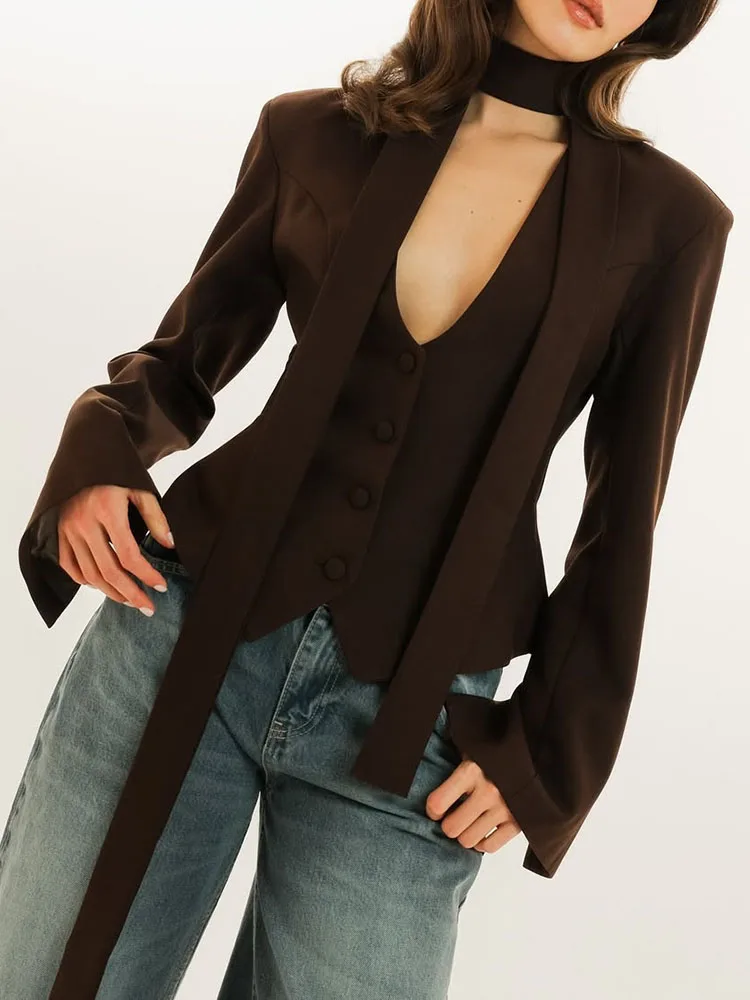 Elegant Lady Commute Button Suits Coat Temperament Simple Women's Streetwear With Scarf Sexy V-neck Solid Color Slim Jacket Coat
Elegant Lady Commute Button Suits Coat Temperament Simple Women's Streetwear With Scarf Sexy V-neck Solid Color Slim Jacket Coat