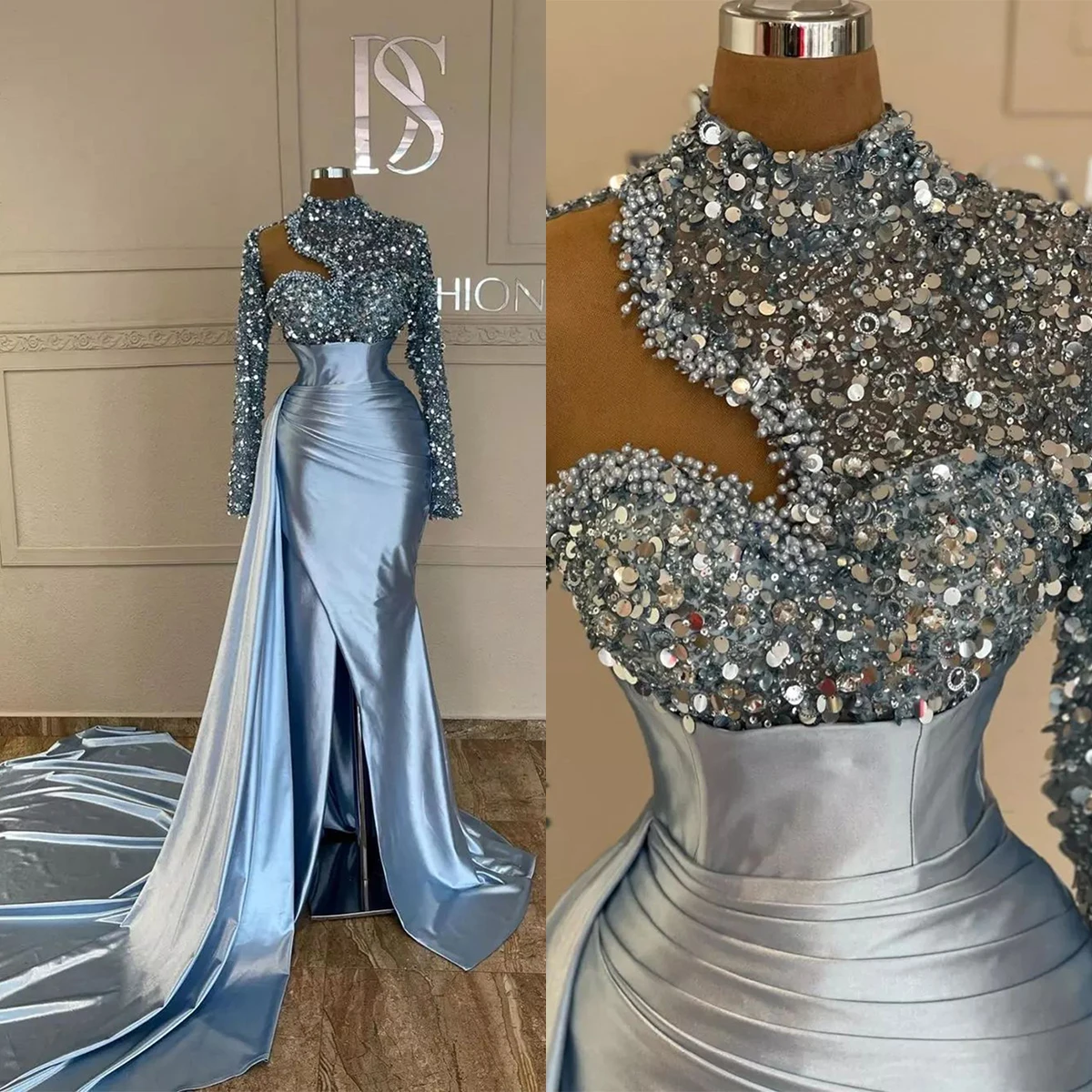 Sexy Pearls Sequins Prom Dresses Detachable Train High Collar Mermaid Evening Gowns Custom Made Robe De Soirée
Sexy Pearls Sequins Prom Dresses Detachable Train High Collar Mermaid Evening Gowns Custom Made Robe De Soirée