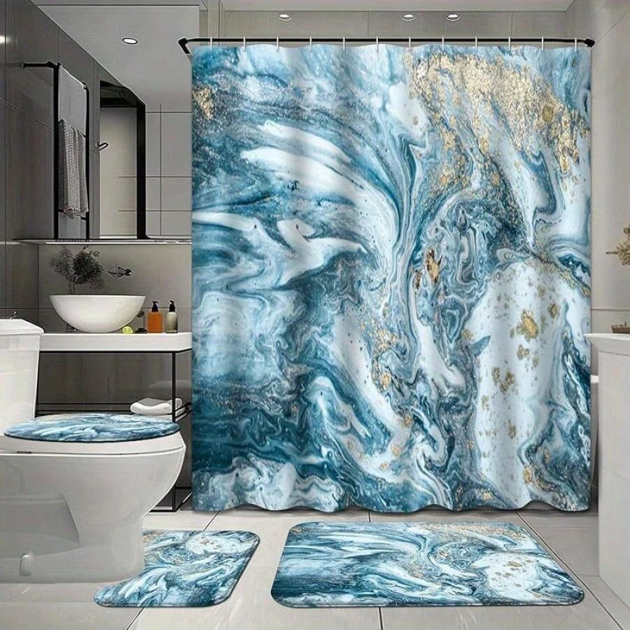 4Pcs Gold And Blue Marble Shower Curtain Set With Rugs For Bathroom Decor, Marble Watercolor Bathroom Shower Curtain Sets
4Pcs Gold And Blue Marble Shower Curtain Set With Rugs For Bathroom Decor, Marble Watercolor Bathroom Shower Curtain Sets