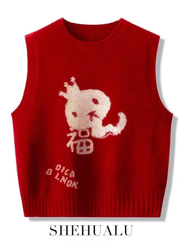 Fashionable Red Sweater Vest Women's Style Snake Year Christmas Big Brand Breathable Warmth Outerwear round Neck Loosen Fit
Fashionable Red Sweater Vest Women's Style Snake Year Christmas Big Brand Breathable Warmth Outerwear round Neck Loosen Fit