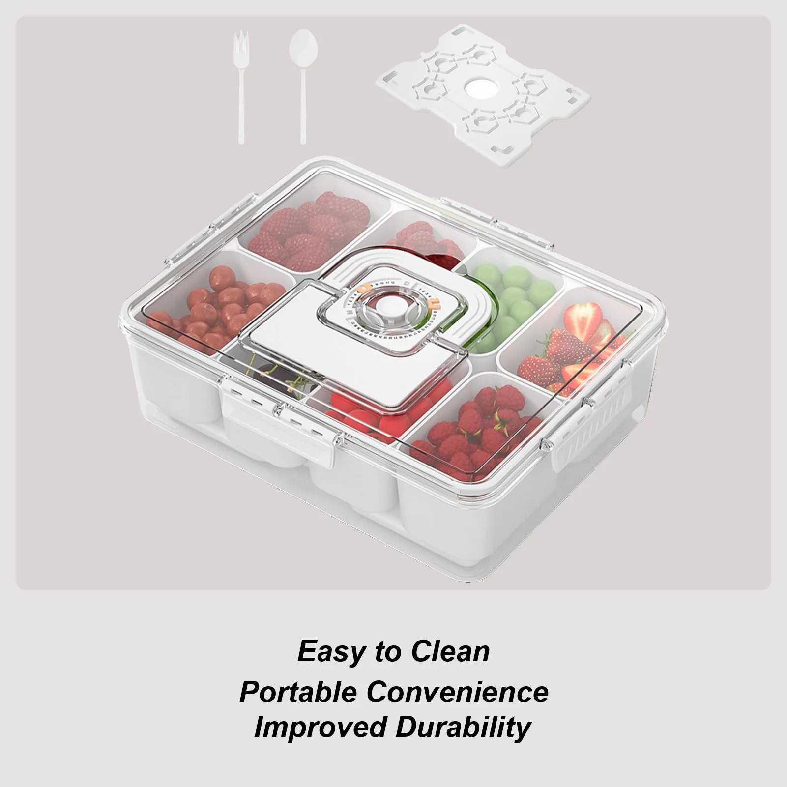Snack Tray with Lid Cooling Snack Container Divided Serving Tray Reusable Platter 8-Compartment for Hiking School Party Lunch
Snack Tray with Lid Cooling Snack Container Divided Serving Tray Reusable Platter 8-Compartment for Hiking School Party Lunch