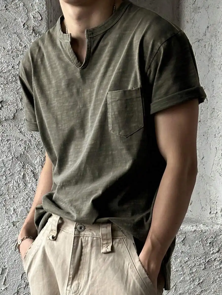 Olive Green Mens Short Sleeve Henley T-Shirt With Chest Pocket And Textured Cotton Blend For Warm Weather
Olive Green Mens Short Sleeve Henley T-Shirt With Chest Pocket And Textured Cotton Blend For Warm Weather