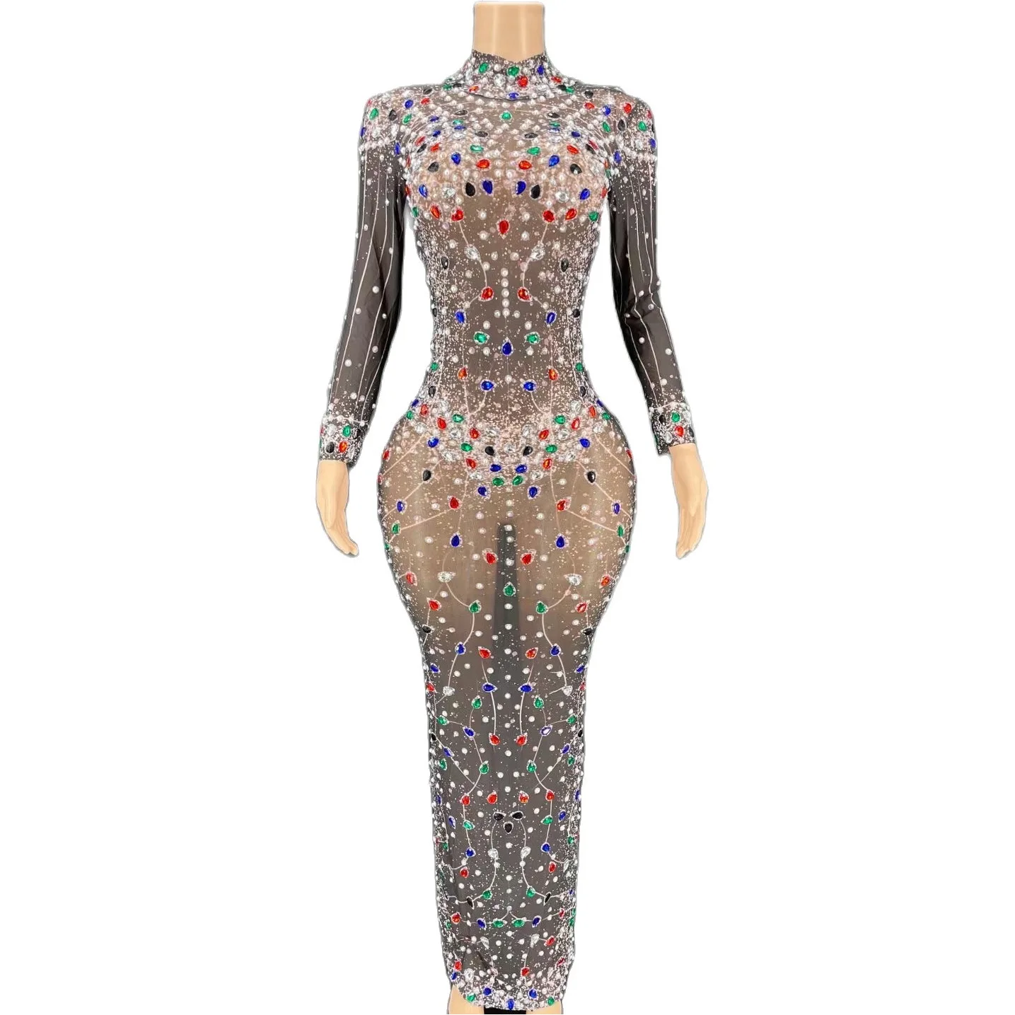 Black Gauze Perspective Shining Rhinestones Pearls Sexy Split Long Dress For Women Evening Ballroom Clothing Singer Costumes 
Black Gauze Perspective Shining Rhinestones Pearls Sexy Split Long Dress For Women Evening Ballroom Clothing Singer Costumes