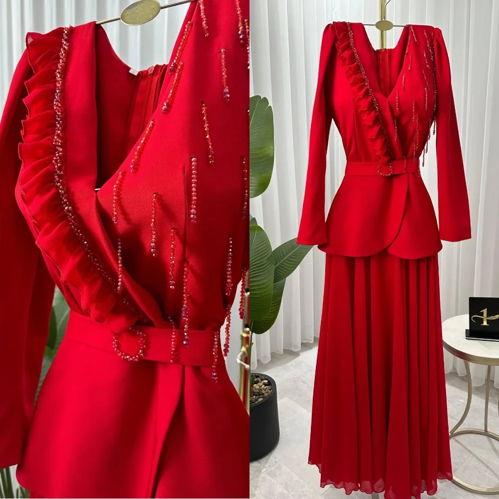 Customized Temperament Red Jersey Evening Dress Elegant Graceful V-Neck Long Sleeves Zipper Back Special Occasion Gowns
Customized Temperament Red Jersey Evening Dress Elegant Graceful V-Neck Long Sleeves Zipper Back Special Occasion Gowns