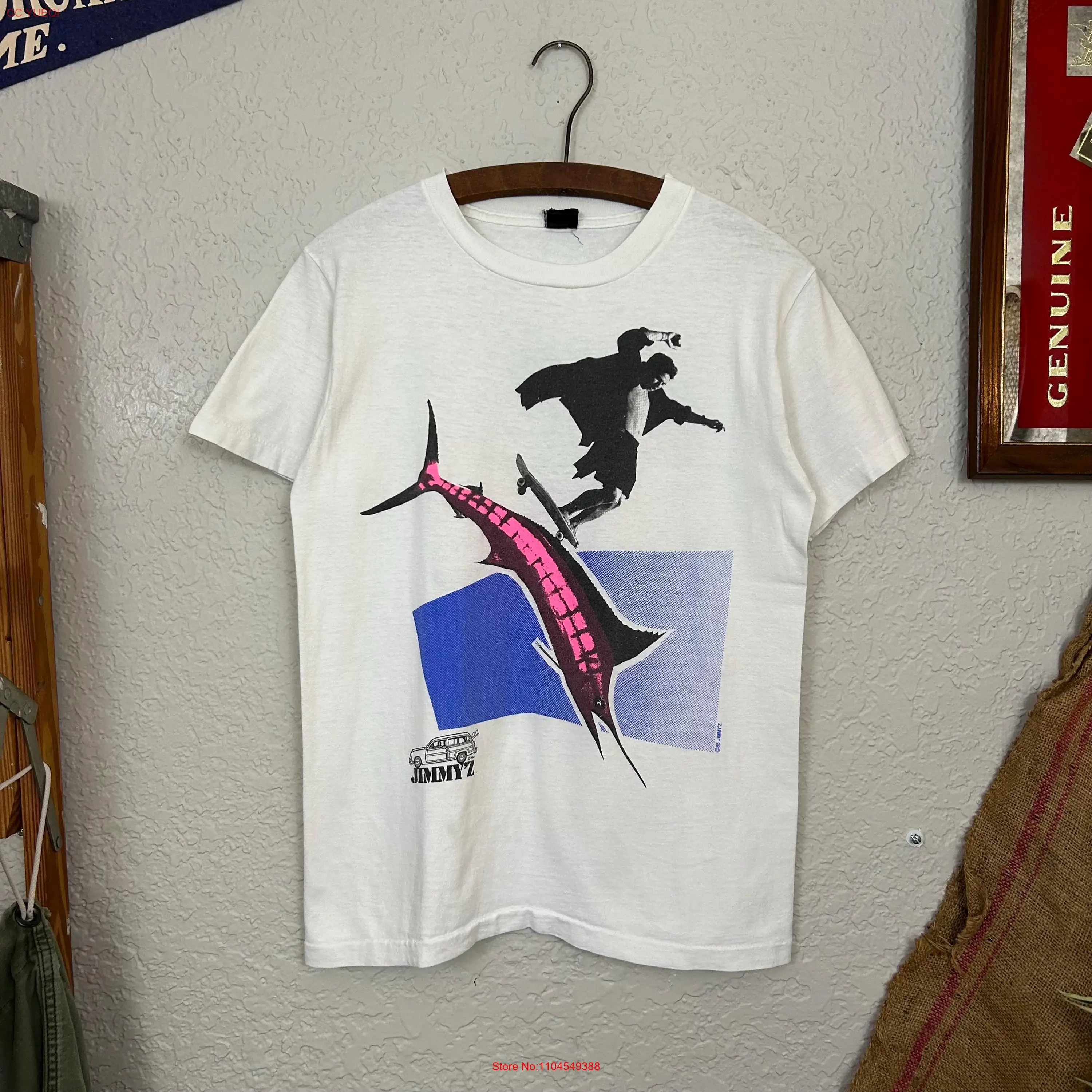 Vintage 80s Jimmy Z Christian Hosoi T Shirt S White blue pink skateboarding marlin graphic tee made in USA
Vintage 80s Jimmy Z Christian Hosoi T Shirt S White blue pink skateboarding marlin graphic tee made in USA