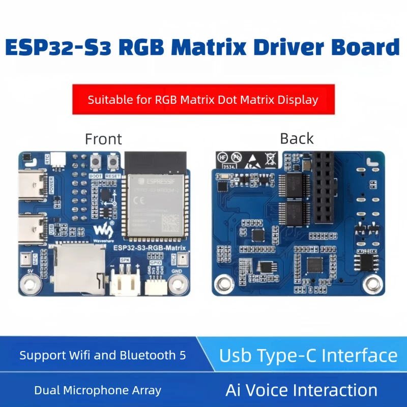 ESP32-S3 RGB Matrix Driver Board Onboard Dual Microphones Array Supports 2.4 GHz Wi-Fi And Bluetooth 5 (BLE) Supports AI Voice
ESP32-S3 RGB Matrix Driver Board Onboard Dual Microphones Array Supports 2.4 GHz Wi-Fi And Bluetooth 5 (BLE) Supports AI Voice