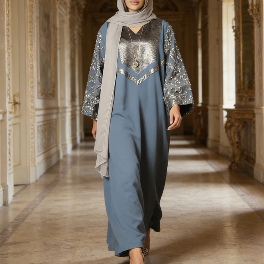 Ramadan Muslim Robe Sequin Fashion Patchwork Satin Dress Eid Djellaba Femme Musulmane Jalabiya Women Abaya Dubai Kaftan Kebaya
Ramadan Muslim Robe Sequin Fashion Patchwork Satin Dress Eid Djellaba Femme Musulmane Jalabiya Women Abaya Dubai Kaftan Kebaya
