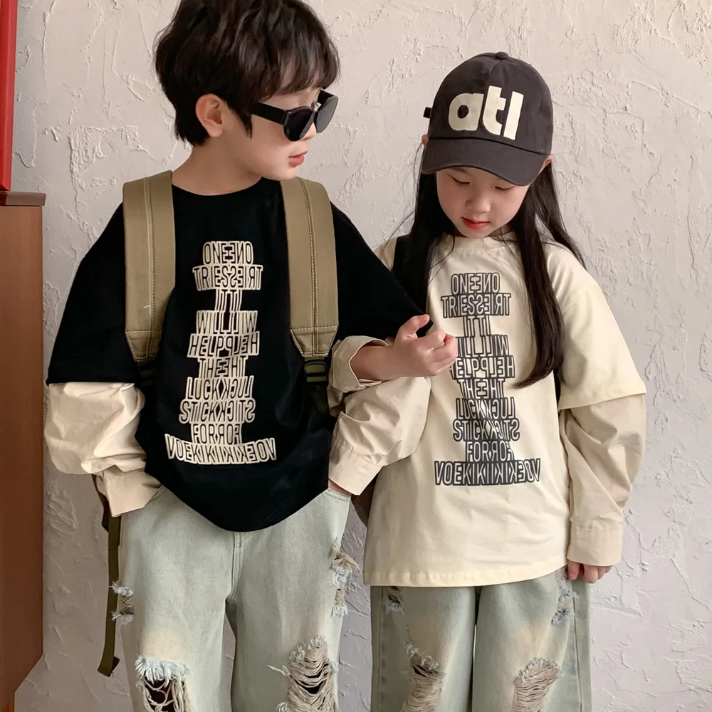 Children's Bottom Shirt 2024 Spring Boys Girls Round Neck Letter Printed T-shirt Children's Fake Two Piece Combination Top
Children's Bottom Shirt 2024 Spring Boys Girls Round Neck Letter Printed T-shirt Children's Fake Two Piece Combination Top