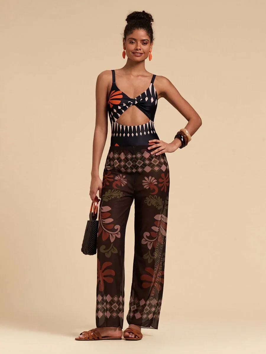 Black One-Piece Swimsuit With Orange Fan And Diamond Patterns, Front Knot Cutout Waist, Bohemian Summer Beach Outfit
Black One-Piece Swimsuit With Orange Fan And Diamond Patterns, Front Knot Cutout Waist, Bohemian Summer Beach Outfit