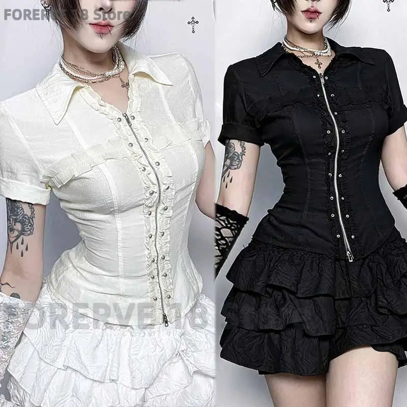 Vintage Distressed Blouse Lapel Waist Cincher Zipper Shirt Short Sleeves V-Neck T-Shirts Grid Gothic Punk Solid Color Women Tops
Vintage Distressed Blouse Lapel Waist Cincher Zipper Shirt Short Sleeves V-Neck T-Shirts Grid Gothic Punk Solid Color Women Tops