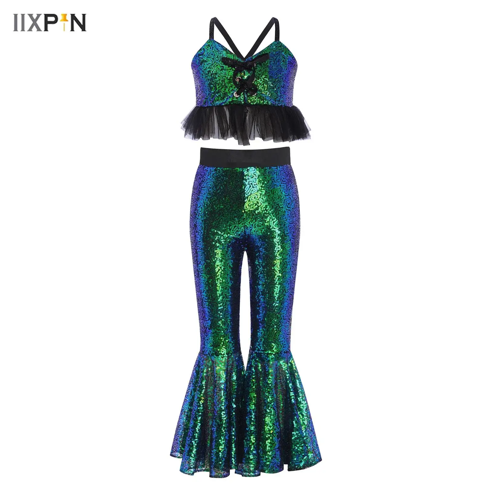 Kids Girls Jazz Latin Disco Dance Performance Costume Spaghetti Straps Tulle Ruffles Glittery Sequins Camisole with Flared Pants
Kids Girls Jazz Latin Disco Dance Performance Costume Spaghetti Straps Tulle Ruffles Glittery Sequins Camisole with Flared Pants