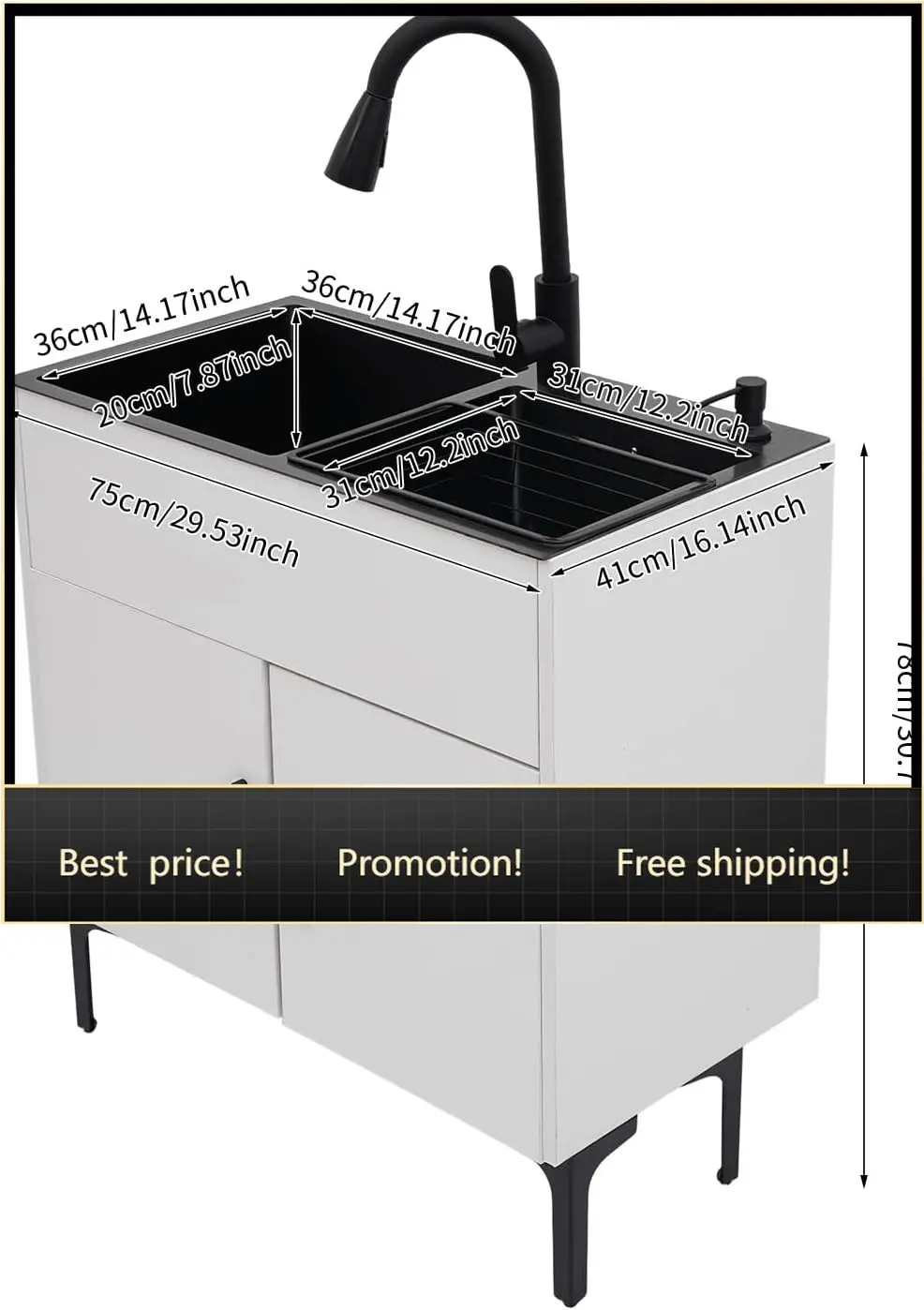 Kitchen Sink Cabinet Combo, 29.53x16.14 Inch Freestanding Stainless Steel Double Bowl Sink with Pull Down Faucet, 7.87 Inch Deep
Kitchen Sink Cabinet Combo, 29.53x16.14 Inch Freestanding Stainless Steel Double Bowl Sink with Pull Down Faucet, 7.87 Inch Deep