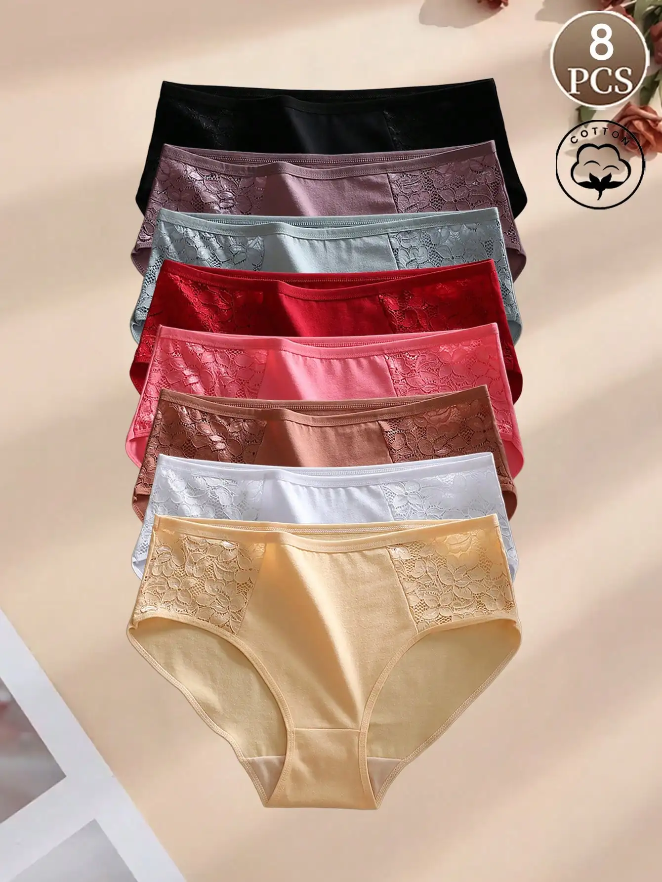 8pcs Women's Mid-Rise Cotton Briefs, Floral Lace Panel Breathable Underwear,Soft Stretchy Panties,Ideal for Daily Wear, Sports,
8pcs Women's Mid-Rise Cotton Briefs, Floral Lace Panel Breathable Underwear,Soft Stretchy Panties,Ideal for Daily Wear, Sports,