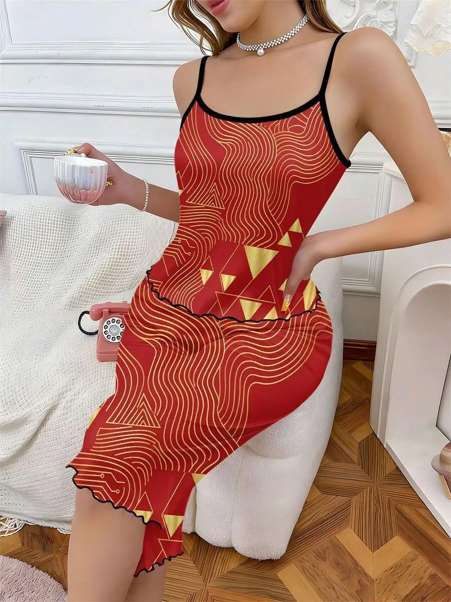 Geometric Print Womens Sleeveless Camisole Loungewear Set With Rolled Hem
Geometric Print Womens Sleeveless Camisole Loungewear Set With Rolled Hem