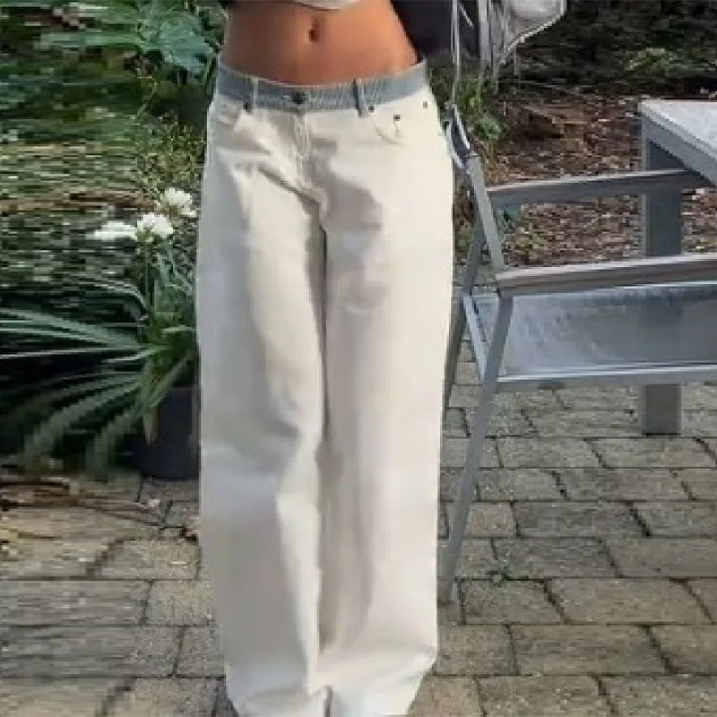 Women's Contrast Waistband White Wide Leg Jeans Low Rise Baggy Denim Pants Loose Fit Trousers Lady Date Commuter Casual Clothes
Women's Contrast Waistband White Wide Leg Jeans Low Rise Baggy Denim Pants Loose Fit Trousers Lady Date Commuter Casual Clothes