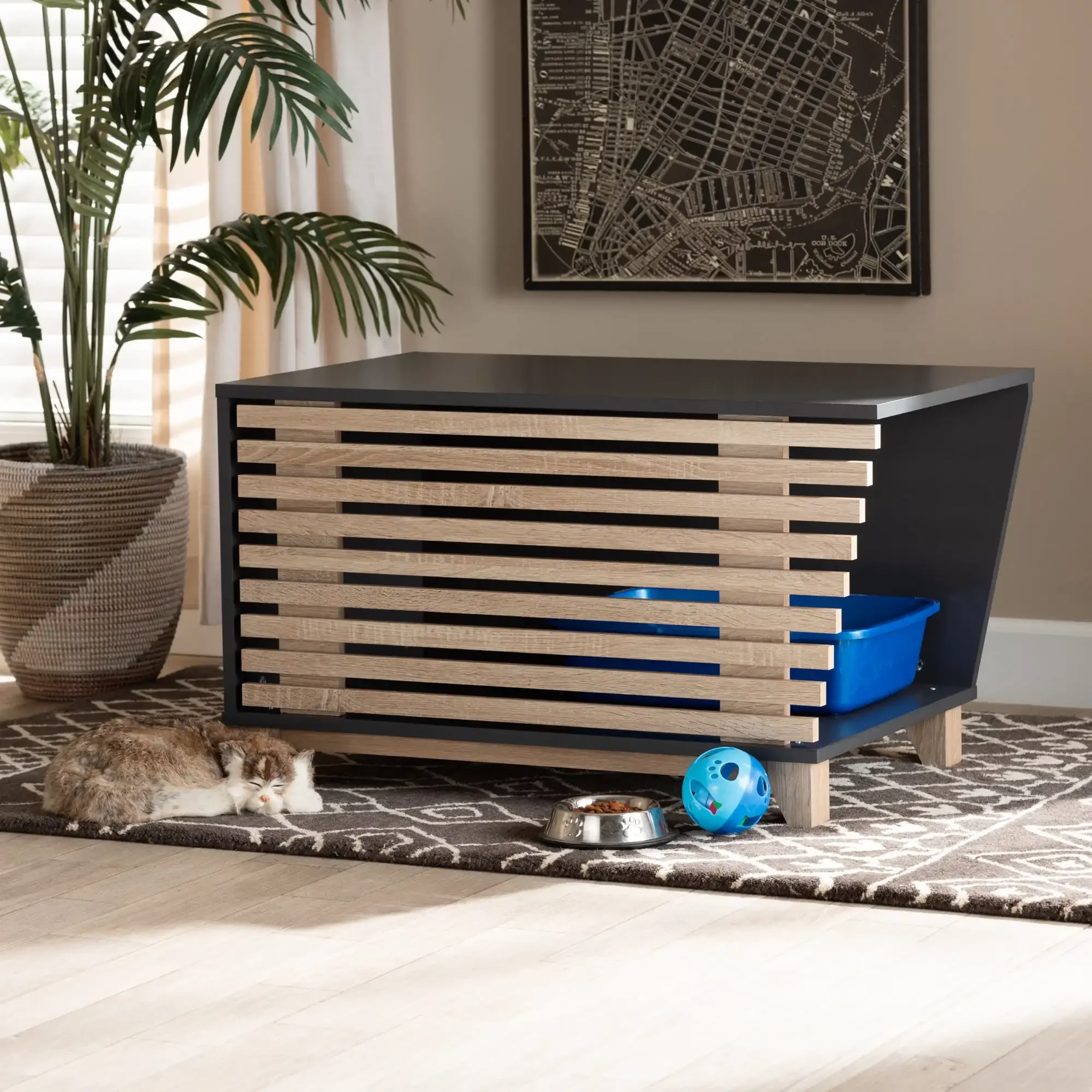 Modern and Contemporary Two-Tone Dark Grey and Oak Finished Wood Cat Litter Box Cover House
Modern and Contemporary Two-Tone Dark Grey and Oak Finished Wood Cat Litter Box Cover House
