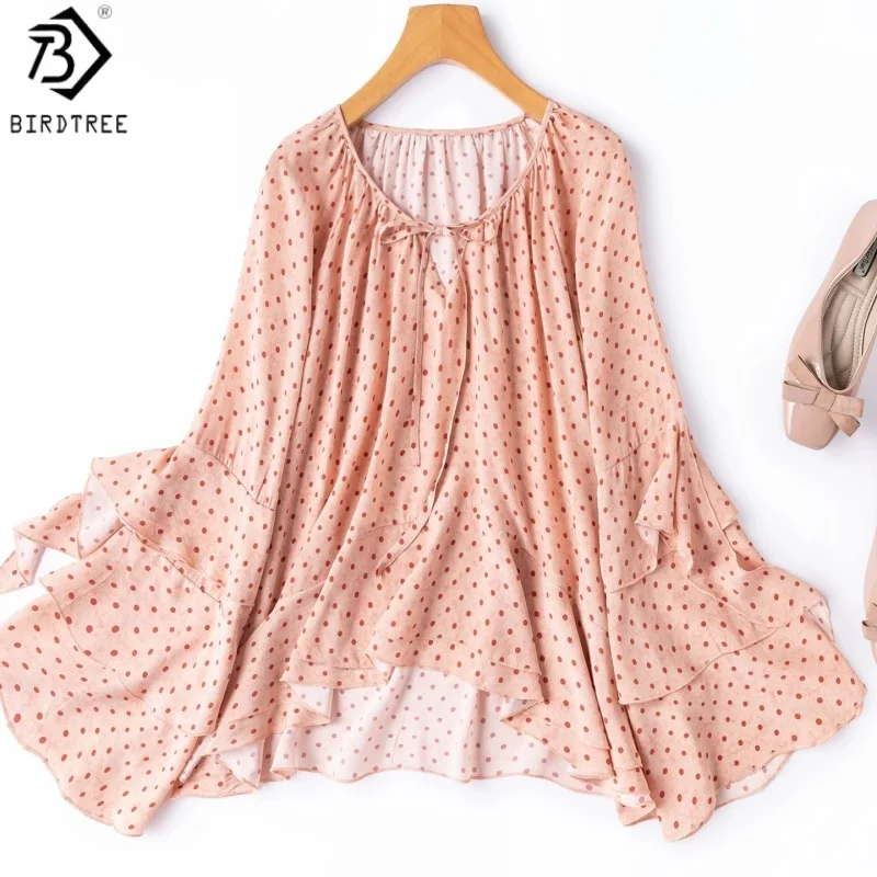 Birdtree, 100% Silk Print Blouse, Flare Sleeve O-neck Shirt, Women Double Crepe Ruffle Hem Loose Tops, 2026 Summer New T66319JF
Birdtree, 100% Silk Print Blouse, Flare Sleeve O-neck Shirt, Women Double Crepe Ruffle Hem Loose Tops, 2026 Summer New T66319JF