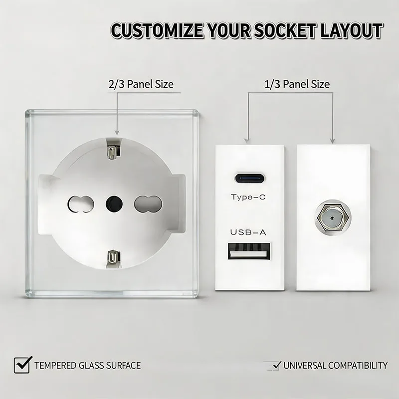 2x4 Inch Tempered Glass DIY Modular Wall Plate NEMA 5-15R Duplex Outlet With Interchangeable Socket Modules For EU/Italy/Chile
2x4 Inch Tempered Glass DIY Modular Wall Plate NEMA 5-15R Duplex Outlet With Interchangeable Socket Modules For EU/Italy/Chile