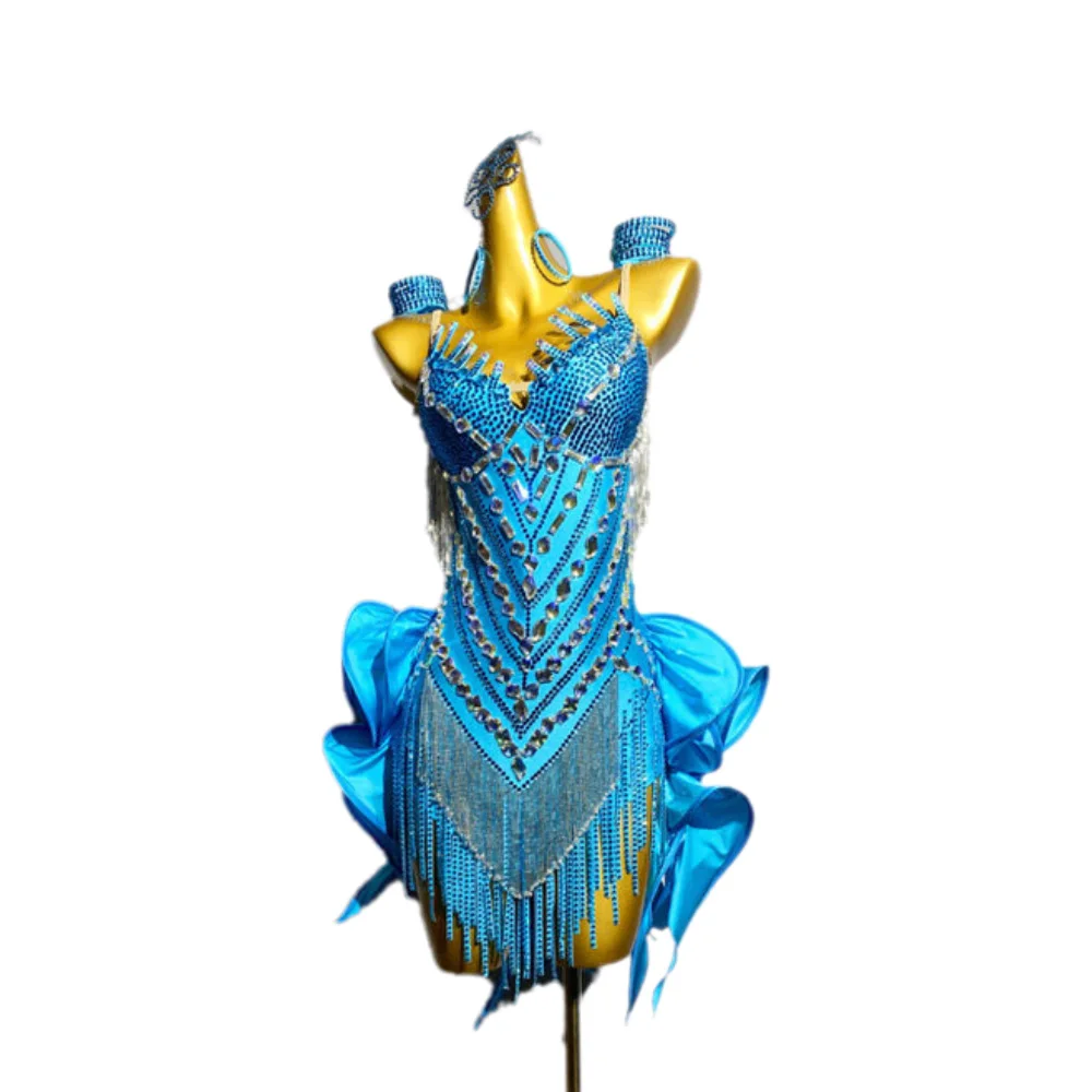 Latin Dancer Adult Children High-End Customized Blue Diamond Stripe Dress Cha Cha Samba AB Stone Performance Dress
Latin Dancer Adult Children High-End Customized Blue Diamond Stripe Dress Cha Cha Samba AB Stone Performance Dress