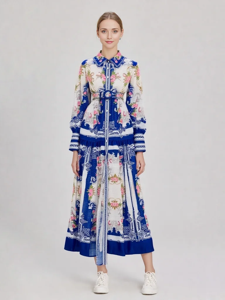 Luxury Designer Women's Boho Holiday Dress Floral Print Stand Neck Lantern Sleeve Long Robe with Belt Runway Style
Luxury Designer Women's Boho Holiday Dress Floral Print Stand Neck Lantern Sleeve Long Robe with Belt Runway Style