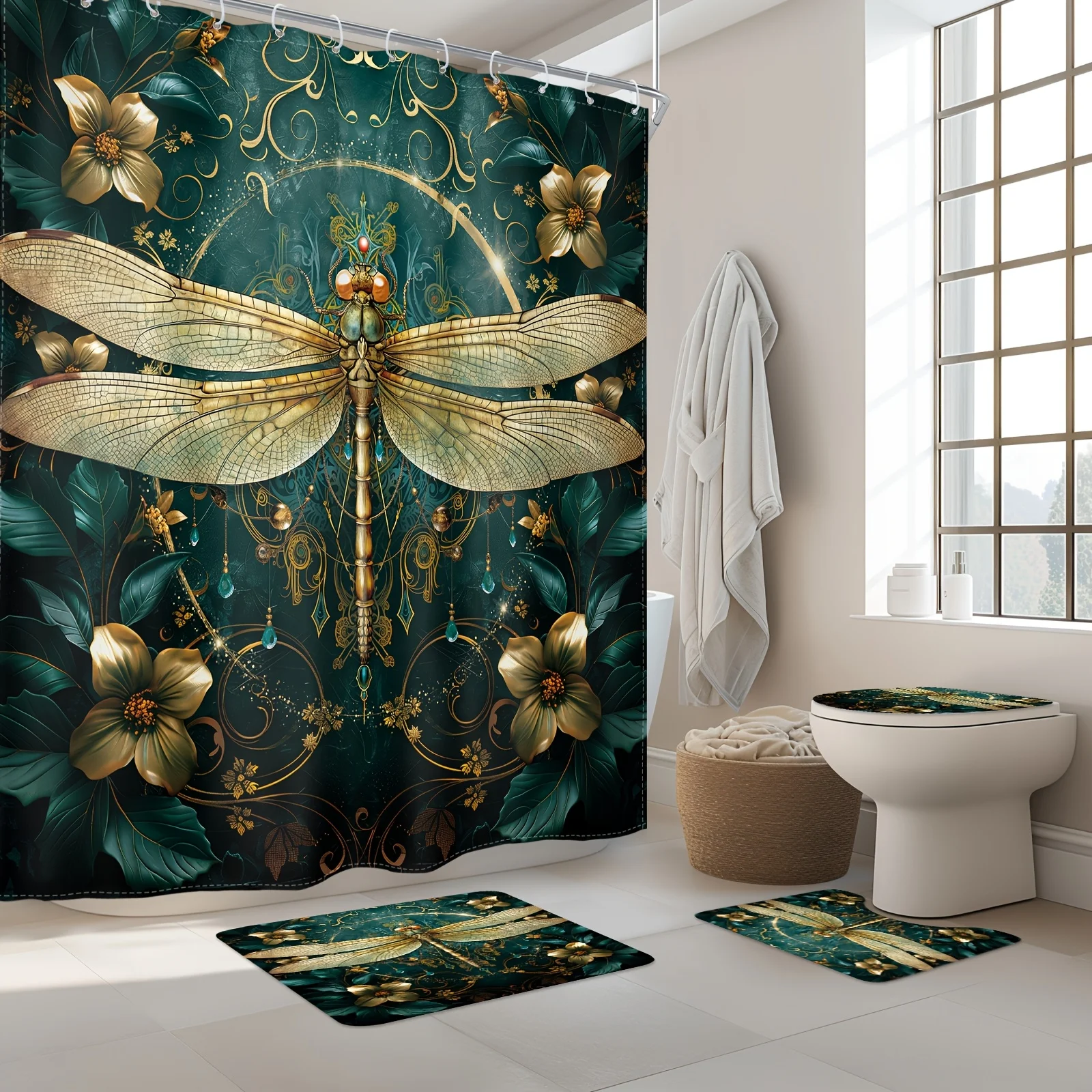 4pcs - Dragonfly Shower Curtain Set, Including Waterproof Shower Curtain with 12 Plastic Hooks, Bathroom Anti-slip Floor Mat,
4pcs - Dragonfly Shower Curtain Set, Including Waterproof Shower Curtain with 12 Plastic Hooks, Bathroom Anti-slip Floor Mat,