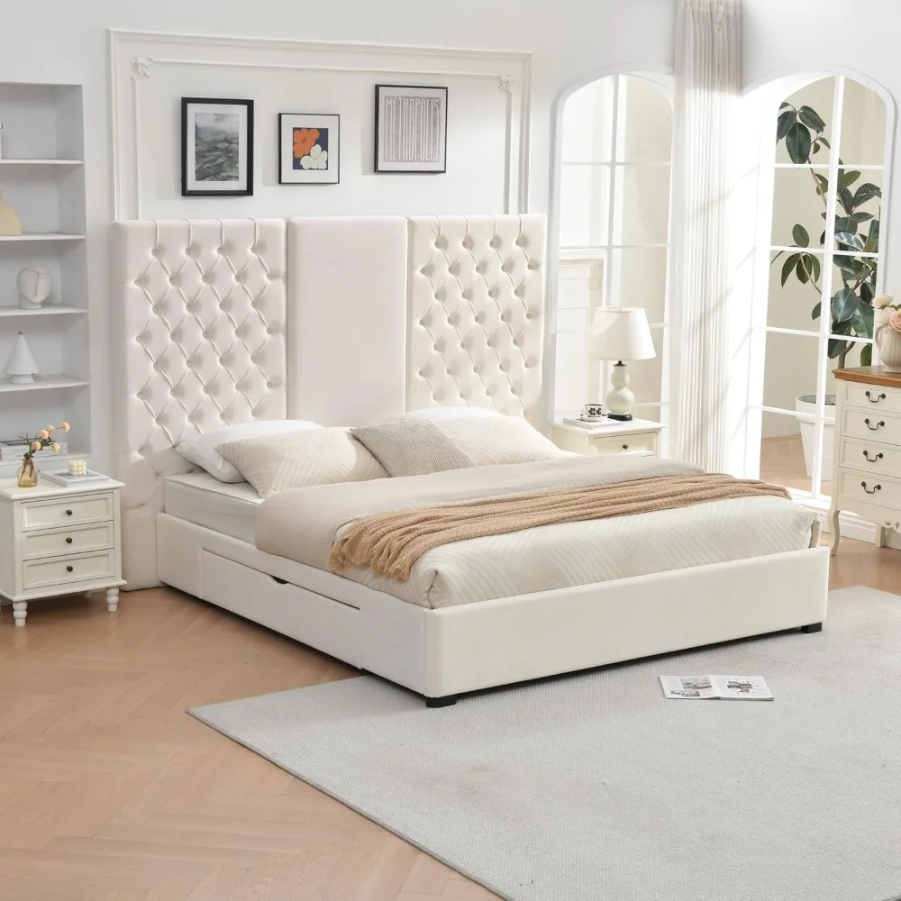 Queen Size Bed Frame with 63" Tall Headboard, Velvet Fabric Upholstered Platform Bed with 2 Large Storage Drawers
Queen Size Bed Frame with 63" Tall Headboard, Velvet Fabric Upholstered Platform Bed with 2 Large Storage Drawers