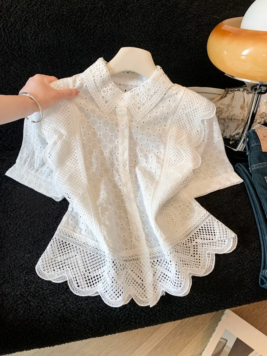 Lace Hollow out Hook Flower Turn Collar Short Sleeve Women's Shirt Summer Sweet Youthful Unique Top Korean Style Loose Fit
Lace Hollow out Hook Flower Turn Collar Short Sleeve Women's Shirt Summer Sweet Youthful Unique Top Korean Style Loose Fit