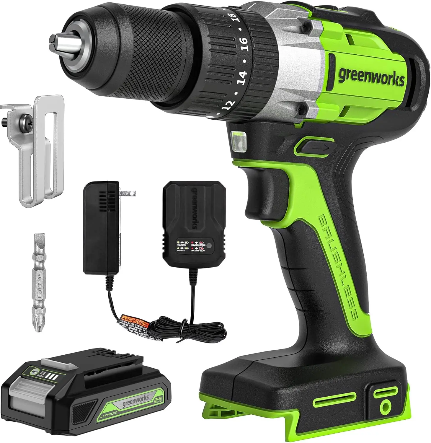 24V Brushless Hammer Drill with 530 in-lbs Torque, Includes 2.0Ah Battery & Charger for Concrete and Wood
24V Brushless Hammer Drill with 530 in-lbs Torque, Includes 2.0Ah Battery & Charger for Concrete and Wood