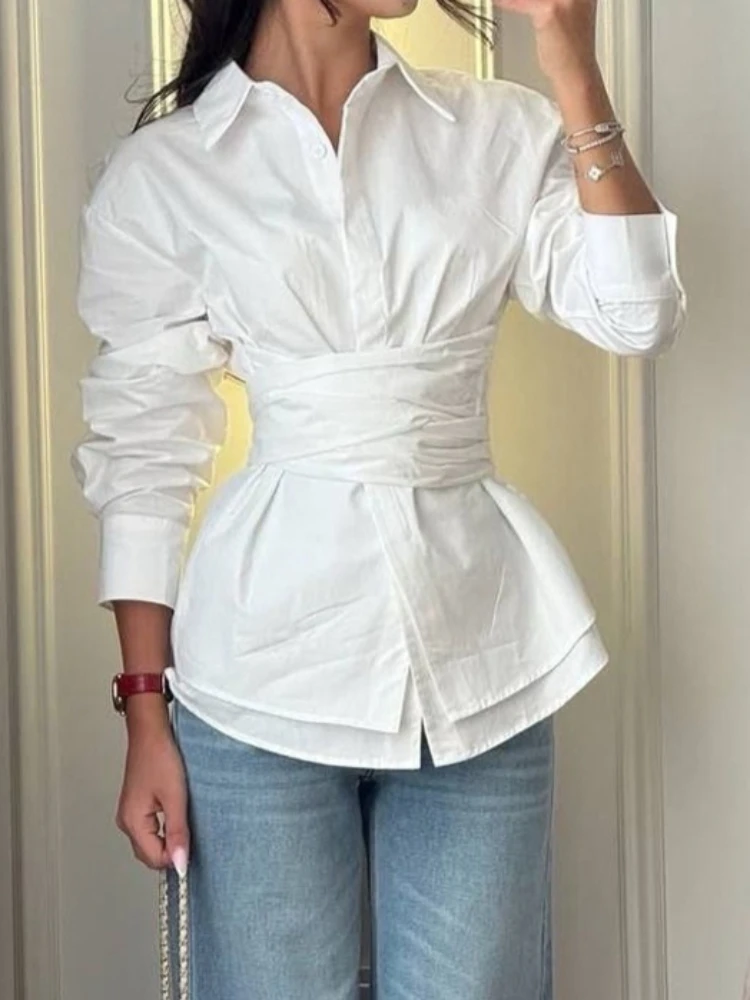 Foamlina Elegant Solid White Long Sleeve Shirt for Women Lapel Cross Wrap Waist Self Tie Back Slim Single Breasted Office Blouse
Foamlina Elegant Solid White Long Sleeve Shirt for Women Lapel Cross Wrap Waist Self Tie Back Slim Single Breasted Office Blouse