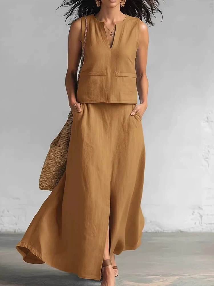 Women's Elegant Split Loose Long Skirt Suit Sexy V-neck Sleeveless Vest & Skirt Set Casual Cotton Linen Solid Two Piece Outfits
Women's Elegant Split Loose Long Skirt Suit Sexy V-neck Sleeveless Vest & Skirt Set Casual Cotton Linen Solid Two Piece Outfits