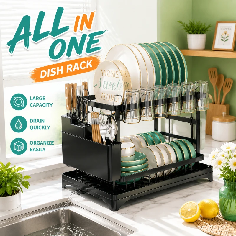 2-Layer Rust Resistant Dish Storage Rack, Integrated Drainboard & Utensil Holder, Space-saving Kitchen Organizer
2-Layer Rust Resistant Dish Storage Rack, Integrated Drainboard & Utensil Holder, Space-saving Kitchen Organizer