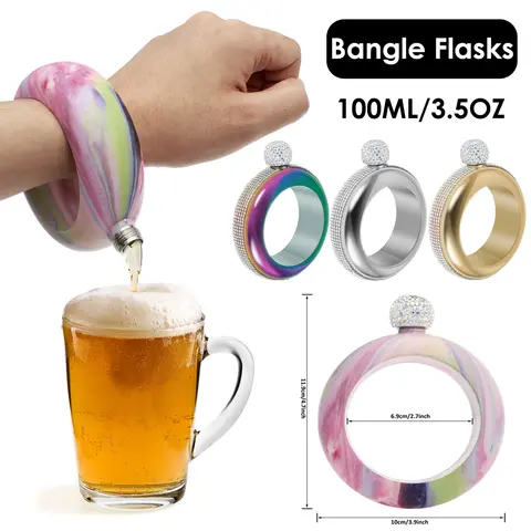 Creative Bracelet Flask 304 Stainless Steel Bangle Flask 3.5oz Decorative Bracelet Flask with Rhinestone Lids Party Flask Gifts