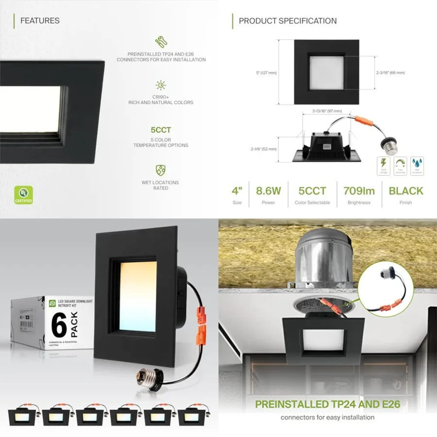 Retrofit LED Square Recessed Lighting - 9W 709LM 2700/3000/3500/000/5000K Selectable Dimmable LED Downlight, Wet Rated CRI90 Ba
Retrofit LED Square Recessed Lighting - 9W 709LM 2700/3000/3500/000/5000K Selectable Dimmable LED Downlight, Wet Rated CRI90 Ba