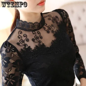 WTEMPO 여성용 얇은 레이스 상의, 긴팔 캐주얼 셔츠, 비즈 터틀넥, 여성 상의, 섹시한 슬림 레이스 블라우스, 바닥 니트 상의