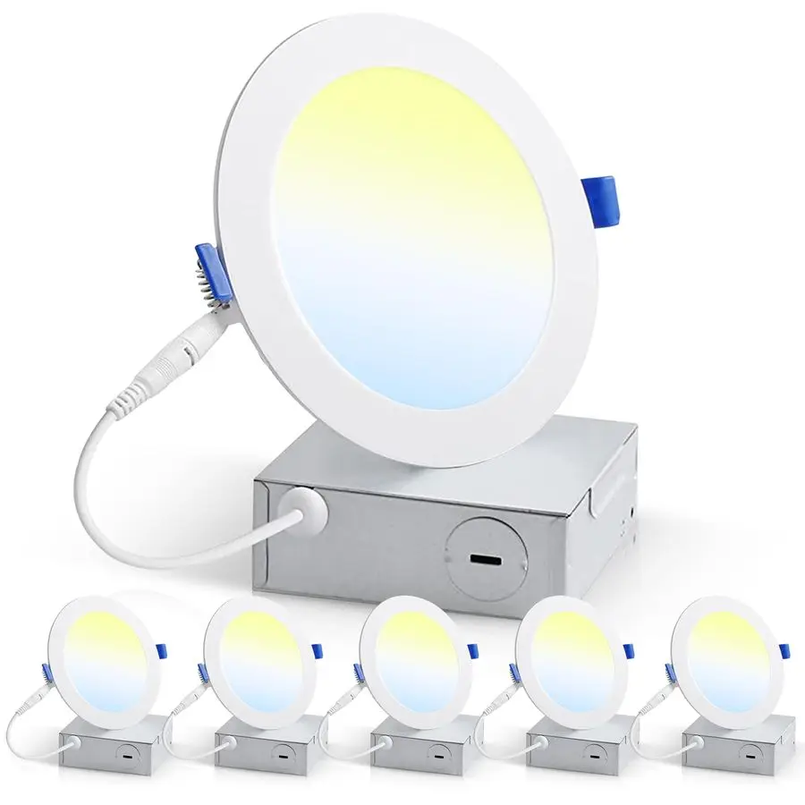6 Inch UltraThin LED Recessed Light with Junction Box 6 Pack Dimmable Canless Wafer Downlight, 5CCT Selectable 2700K5000K Adjust
6 Inch UltraThin LED Recessed Light with Junction Box 6 Pack Dimmable Canless Wafer Downlight, 5CCT Selectable 2700K5000K Adjust