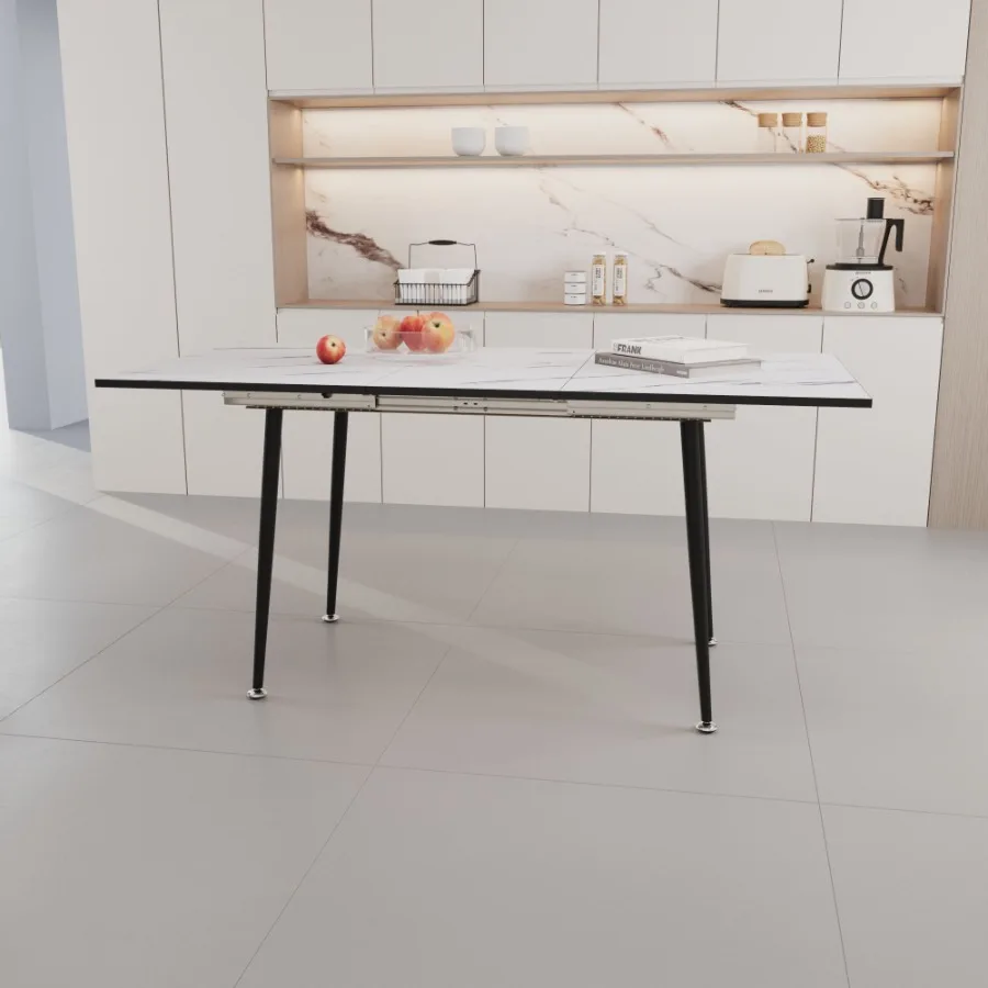 63 MDF square white marble pattern stretchable dining table modern industrial kitchen and dining table equipped with tapered bl
63 MDF square white marble pattern stretchable dining table modern industrial kitchen and dining table equipped with tapered bl