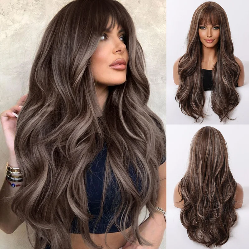 Golden-brown long curly wig for women, with bangs, color highlights, made of high-temperature synthetic fiber
Golden-brown long curly wig for women, with bangs, color highlights, made of high-temperature synthetic fiber