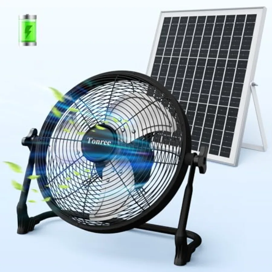 Portable solar fan for camping and outdoor use, ABS plastic body, black color, 14-inch high-velocity quiet cordless design with
Portable solar fan for camping and outdoor use, ABS plastic body, black color, 14-inch high-velocity quiet cordless design with