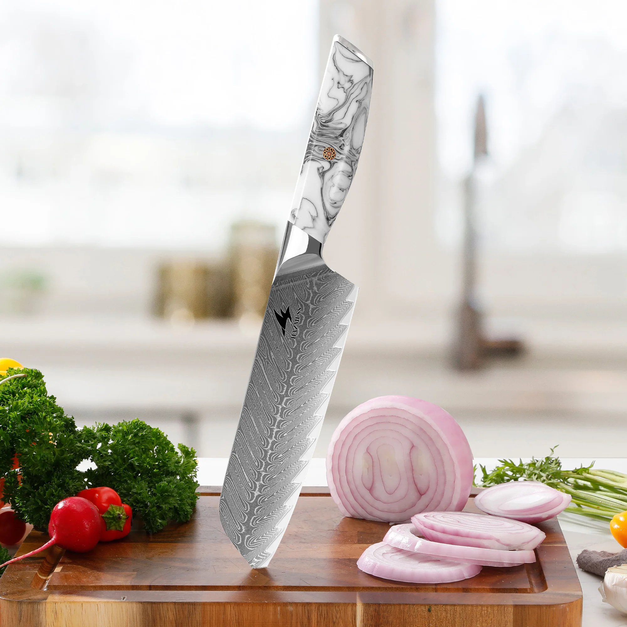 7" Santoku Knife VG10 Damascus Steel, Ergonomic Resin Handle, Ultra Sharp for Cooking & Ideal Gift
7" Santoku Knife VG10 Damascus Steel, Ergonomic Resin Handle, Ultra Sharp for Cooking & Ideal Gift